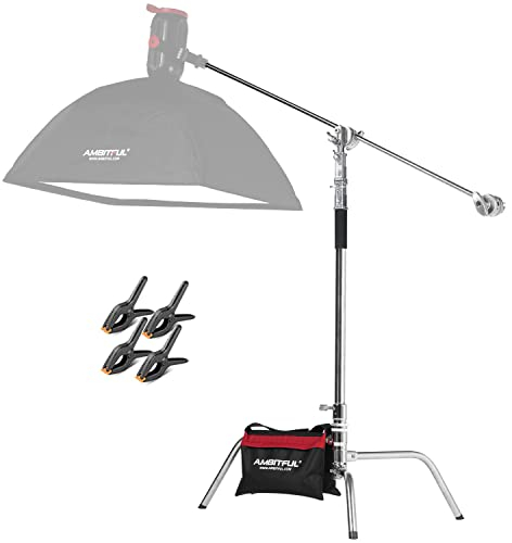 AMBITFUL Soporte C de Acero Inoxidable Resistente con Brazo de Pluma – Altura máxima de 320 cm/10.5 pies Soporte de luz de fotografía con Brazo de sujeción de 128 cm/4.2 pies, 2 Cabezales de Agarre