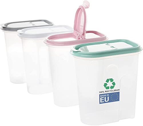 2friends Vorratsdosen 4er set,Schüttdosen 2 Liter, transparent mit Klappdeckeln, Müslispender, Farbe: grau, rosa, weiss, grün, aus Kunststoff, ideal z.B. für Müsli, Made in Europe, 100% recyclebar