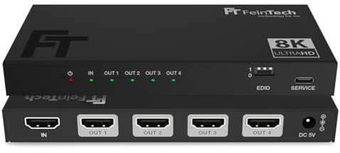 FeinTech SP410 HDMI 2.1 Splitter 1 In 4 Out - 4K 120Hz 8K VRR ALLM, Verteiler Mit Downscaler für 4 Monitore, CEC-Pass, Kompatibel Mit HDCP 2.3, HDR, Dolby Vision