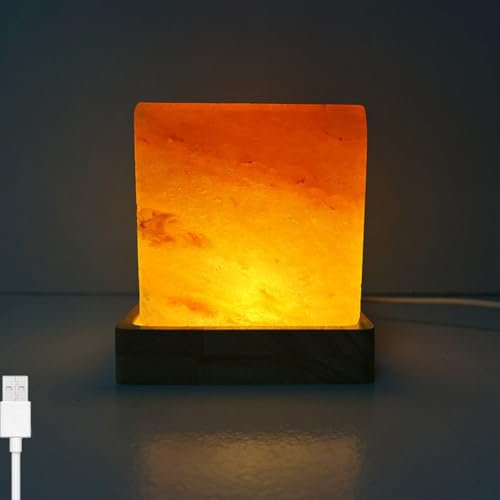 LOGT USB-Schnittstelle Salzlampe LED 1.0-1.5 kg (Salzkristalllampe Bekannt als Himalaya Salz) Quadratisches Design Holzsockel Handgearbeitetem Salzstein Aus Der Salt Range Pakistan Auf Einem