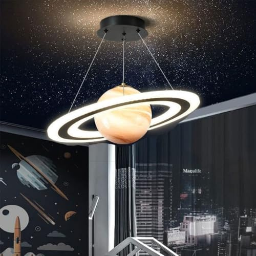 MDZILIAO Kid's Planet Glass Pendant Light - Creative LED Dimmable Chandelier for Boy and Girl's Room, Space Bedroom Ceiling Hanging Lamp for Children's Study
