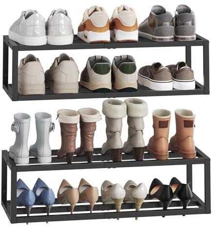 HOOBRO Scaffali da Parete per Scarpe, Set di 2 Porta Scarpe a Muro in Metallo, Compatto, per 12-16 Paia, Scarpiera da Parete per Ingresso, Armadio, Piccoli Spazi, Nero EBK44XJP201
