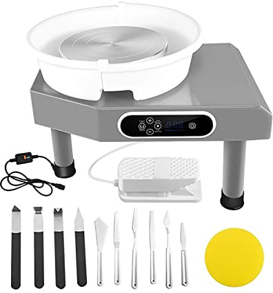 Electric Pottery Wheel with Ball Stylus, 9.8-Inch Clay Wheel Pottery Ceramic Wheel Thrower for Adult Beginners, Foot Pedal, LCD Touchscreen, Comes with 12 Clay Carving to,Gray