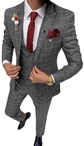 Solovedress Anzüge für Herren 3 Teilig Klassischer Karierter Herrenanzug Sakko Hose Weste für Hochzeiten und Geschäft (Grau,L)