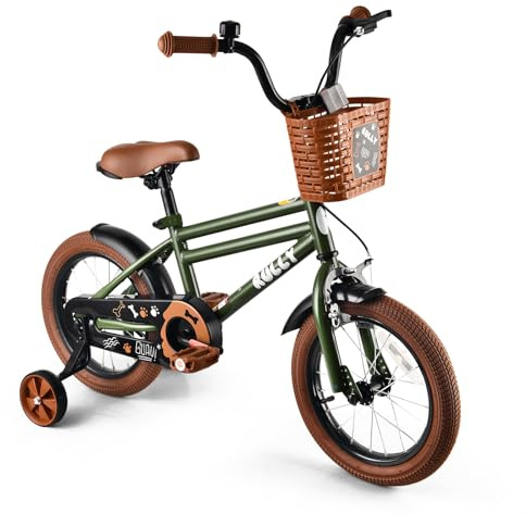RULLY Vélo pour garçon de 4 à 7 ans - Vert - Avec roues stabilisatrices, frein à rétropédalage et frein à main, panier, cadre robuste - Vélo d'apprentissage sûr