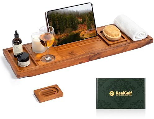 Realgulf Teak Bathtub Tray, Bath Caddy with Wine Glass Holder, Phone Dock & Book Stand | Hands-Free Reading & Ultimate Spa Relaxation Experience-Natural