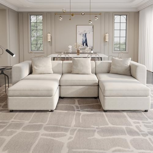 Guyii Modern Oversized 5-Seater Sofa with 3 Pillows and Storage Footstool, 115.74 Long Velvet Sectional Sofa, Convertible Sofa with Cushions, U-Shaped Sofa for Living Room, Apartment, Home