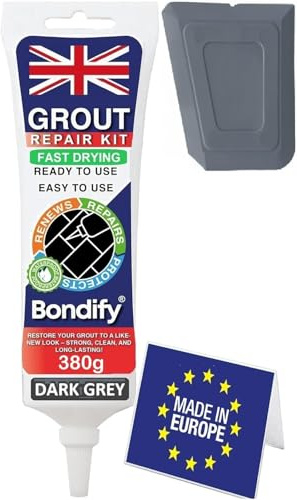 BONDIFY Kit Riparazione Fughe Piastrelle Grigio Scuro, Asciugatura Rapida 380g ANTI-MUFFA Tubetto Stucco per Piastrelle Bagno, Doccia, Grout Repair Kit Stucco per Fughe Pavimento, Sigillante per Malta