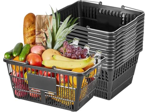 VEVOR Shoppingkorgar, 12 st, 21 L stapelbara livsmedelskorgar i PE-plast med handtag, tät nätstruktur, rymmer upp till 9,07 kg, bärbar för livsmedelsaffär, detaljhandel, stormarknad, hemmabruk, svart