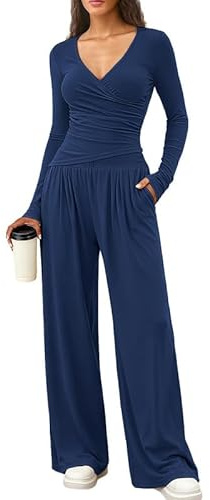 Sukiglam Tuta Donna Casual 2 Pezzi Completi Sportiva Maniche Lunghe Scollo a V Wrap Top e Pantaloni a Gamba Larga con Tasche Slim Fit Tute da Ginnastica Lounge Set per Jogging Yoga Fitness Autunno