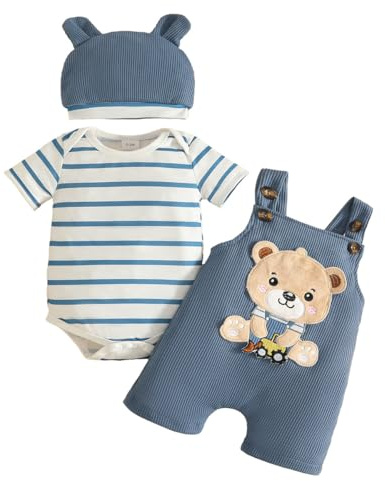 JENJON Vestiti Set per Neonati Maschi Maglietta a Righe a Maniche Corte + Pantaloni con Bretelle di Animale + Cappello 3 Pezzi Estivo Set di Abiti 3Pcs Orso a strisce blu 6-12 Mesi