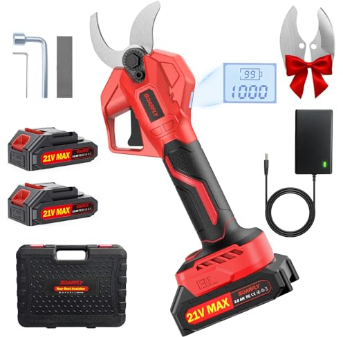 SOARFLY Tijeras de Podar Electricas 50 mm, Tijeras de Podar Bateria 21V MAX con 2 Baterías de 2,0 Ah, Motor Sin Escobillas, Pantalla LCD, Hoja SK7, Maletín y Cuchilla de Repuesto