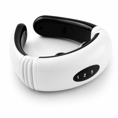 Dispositivo de masaje eléctrico EMS, alivio del dolor muscular, relajación cuello, espalda y hombros, 6 modos, 16 intensidades, electrodos y parches conductores incluidos, ergonómico, portátil, blanco