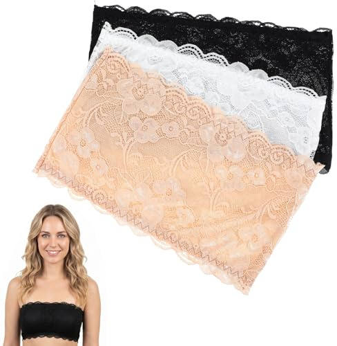 MNYXIS 3 Unidades top encaje mujer, Sujetador sin Tirantes de Encaje para Mujer, Bandeau Top Elástico e Invisible, Sujetador Antiarrugas Escote para Vestidos de Verano, Incluye Negro, Blanco y Beige