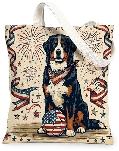 Borsa tote in tela con cane da montagna del Bernese per lo shopping, 33 x 38 cm, borsa della spesa riutilizzabile vintage da donna, motivo 4 luglio, decorazione regalo