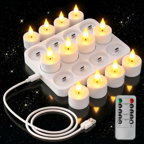 Lot de 12 bougies chauffe-plat LED rechargeables avec télécommande – Effet flamme vacillante, intensité réglable et station de charge – Idéal pour les fêtes et la décoration de Noël