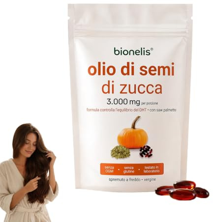 Bionelis Olio Di Semi Di Zucca Per Capelli - 180 Capsule, 3000 Mg Per Porzione, Ricco Di Ingredienti Che Favoriscono La Crescita Dei Capelli, Ferma La Caduta Alla Radice(1 confezione)