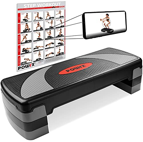 POWRX Steppbrett XL Premium extra groß inkl. Workout I Hometrainer 3-Stufen höhenverstellbar I Home-Stepper für zuhause Stepbench Gym Aerobic Steppbank aerobic brett