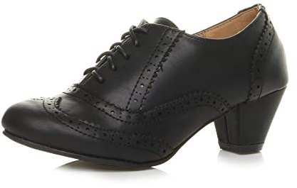 Ajvani Womens Ladies mid Block Heel Cut Out lace up Brogue Shoe Boots Booties, Black Matte Brogue, 7 UK