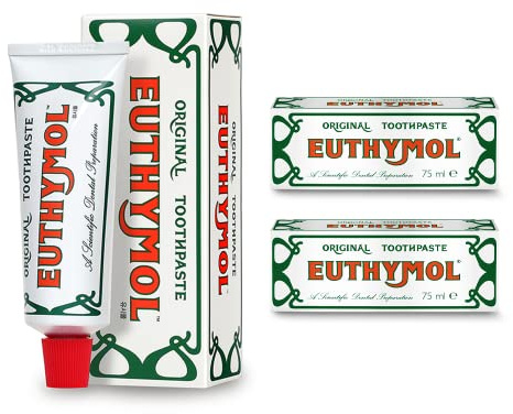 Euthymol Originale Dentifricio 75 ml x 2, senza fluoro, antiplacca, antibatterico, protezione della cavità, denti e gengive pulite e sane, rinfrescante alla menta, igiene orale quotidiana con smalto
