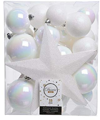 Christmas Decoration Weihnachtskugeln mit Christbaumspitze Stern Kunststoff 33er Set bruchsicher weiß irisierend Perlmutt