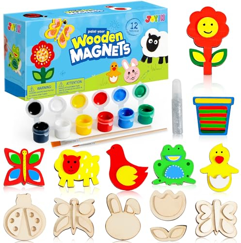 JOYIN 12 Wooden Magnet Creativity Arts & Crafts Painting Kit for Kids, Decorate Your Own Painting Gift for Boys Girls Age 3-12 Year Old,Birthday Parties and Family Crafts, Presents
