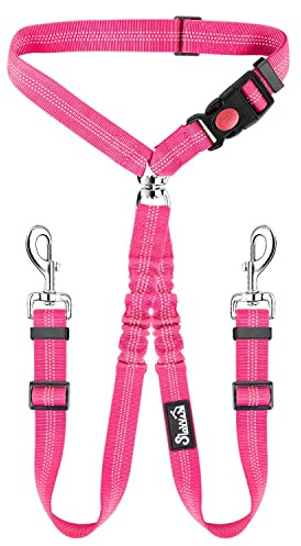 SlowTon Double Dog Seat Belt, Headrest Restraint Safety Seatbelt for 2 dog | No Tangle Safety Seatbelt, Duty Adjust Elastic Bungee Dog Leash, Puppy Lead, Splitter Connect Harness in Vehicle Travel