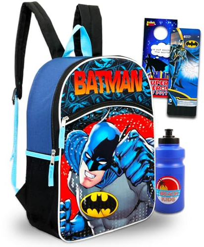 DC Comics Batman Backpack for Kids - 16 Batman School Bag with Batman Stickers, Water Bottle, Door Hanger, and More (Batman School Supplies Bundle)