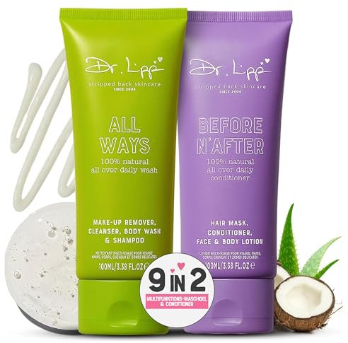 Dr. Lipp Wash & Glow [ALL WAYS & BEFORE N’ AFTER 2x100ml] – Gel 9 en 2 para ducha, rostro y cuerpo – Natural con aloe vera y aceite de coco – Sin perfume y en práctico formato de viaje