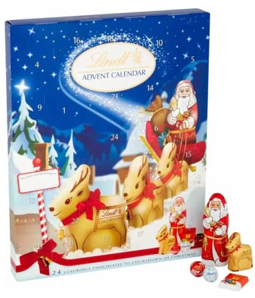 Milk Chocolate Advent Calendars 2025 | Gold Reindeer, Milk Santa, Napolitans, Lindor & Snowdrops | Chocolate Christmas Advent Calendar Adults Boys Girls | 160g