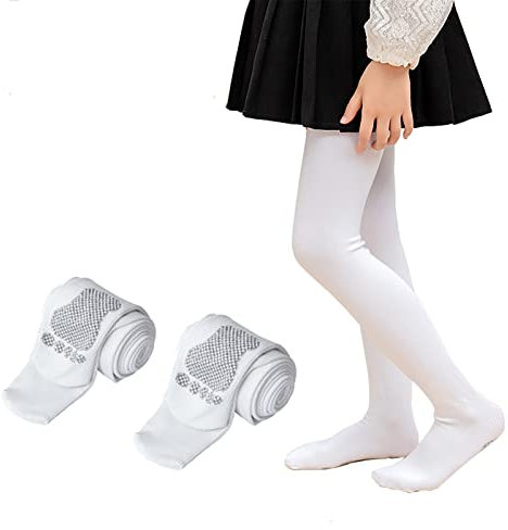 NautySaurs Mädchen Ballett Strumpfhose Tanz Frühling Herbst Thermo Baumwolle Strümpfe Dehnbar Weich Schule Strumpfhose für Kinder 3-11 Jahre, Weiß - 2 Paare, 9-11 Jahre