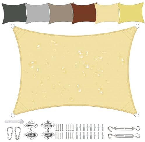Sichtschutz Sonnensegel Wasserdicht Rechteckig 4x5m aus PES-Polyester 95% UV-Schutz Witterungsbeständig Reißfest in Vielen Größen und Farben mit Befestigungsset für Terrasse Garten Balkon-Beige
