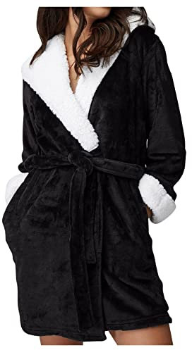 MODSGUE Accappatoio da donna con cappuccio in pile, leggero, morbido, corto, in flanella, con cappuccio, per la sauna, per l'inverno, Nero , S