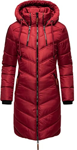 MARIKOO Cappotto invernale da donna caldo trapuntato lungo con cappuccio regolabile Armasa XS-XXL, rosso scuro, S