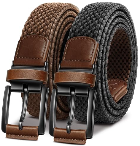 BULLIANT Men Belt Rerversible Golf Belt Stretch Braided for Gift Men 1 3/8-2 In 1 Belt(Black/Light Brown,32-36 Waist Adjustable)
