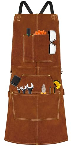 BWOLF Smith Tablier de Soudeur Professionnel en Cuir | pour Homme avec 6 Poches |Tablier de Soudure Durable de Travail | Anti-Flamme et Protection pour Forgeron (Brun)