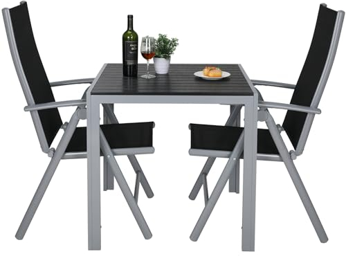 LIFERUN Gartenmöbel Set, 3-TLG Balkonmöbel mit 2pcs Aluminium Klappbar Hochlehner Gartenstuhl & WPC Quadratisch, Wetterfest für Veranden, Innenhöfe, Terrassen, Balkone, Poolränder, Silber Grau