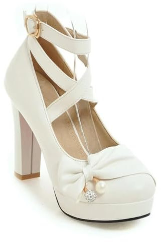 High Heels Women Fashion Trend Chunky Heels Platform Lolita Mary Jane Elegant Party Korean Shoes Dress White The Glossy Footwear