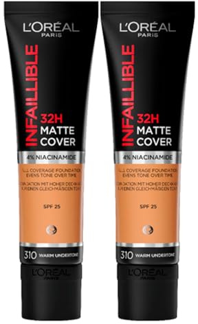 L'Oréal Paris Infaillible Base de Maquillaje Líquida 32H Mate Cobertura SPF 25 Waterproof Transpirable Cubriente Hidratante Larga Duración con 4% Niacinamida Color 310 Warm Undertone - 2 Frascos 30ml