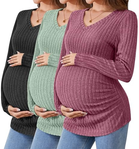 Ficerd Camisetas de Maternidad 3 Piezas, Ropa de Embarazo de Manga Larga, Cuello en V, suéter Acanalado para mamá(Rojo Vino, Verde, Negro,M)