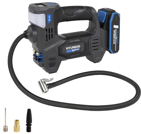HYUNDAI Akku-Kompressor IF20S-2A1 | Li-Ion, 20V, 10-bar, 70 cm | multifunktionale Luftpumpe, Autokompressor | LED- & SOS-Notlicht | Lieferumfang: Luftkompressor, 3 Adapter, 1 x 2.0Ah Akku, Ladegerät