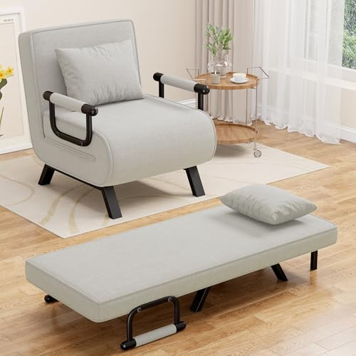 Hawthyhome 4 in 1 Schlafsessel, Schlafsofa mit Bettfunktion, Relaxsessel mit Verstellbare Rückenlehne, Platzsparendes Gästebett, Metallrahmen & Leinen, 150 kg Tragkraft, Abnembarem Kissen, Hellgrau