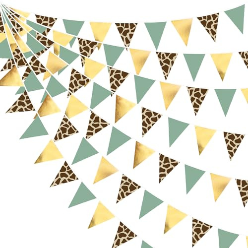 32Ft Sage Green Gold Giraffe Printed Bunting Banner Party Decorations Jungle Safari Fabric Triangle Flag Pennant Garland Streamer for Wild Animal Woodland Giraffe Birthday Baby Shower Party Decoration