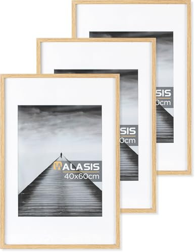 Walasis Marco de fotos de madera con paspartú de 40 x 60 cm, juego de 3 unidades, 60 x 40 cm, marco de fotos con cristal acrílico