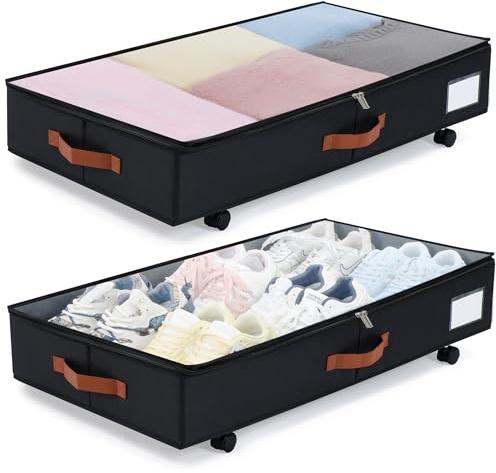 Lot de 2 boîtes de rangement à roulettes pour dessous de lit avec couvercle transparent, 17 cm de hauteur, panier de rangement à roulettes sous le lit, panier de rangement à chaussures pour draps