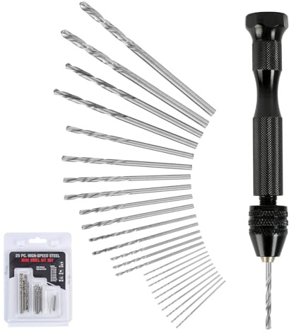 Handbohrer Modellbau 9 cm mit 25 Spiralbohrern 0,8–3 mm, Mini-Handbohrer Metall Pin Vise Handbohrer mit Bits Modellbau Set für Schmuck, Basteln und Modellbau-Projekte