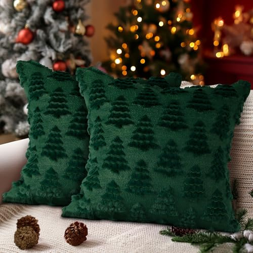 Lanpn Christmas 45x45 Throw Pillow Covers Set of 2, Winter Christmas Tree Throw Pillow Cases Soft Plush Faux Fur Wool 18 x 18 Winter Cushion Cover for Indoor Home Bedroom Couch Sofa Decor (Green)