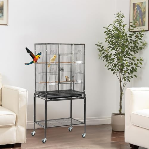 53 Large Flight King Bird Cage,Metal Parrot Bird Cage with Perches & Slide-Out Tray,Plastic Feeders,Rolling Stand,Canary Bird Cage for Parrot, Blue Tit, Cockatiel, Canary, Budgerigar