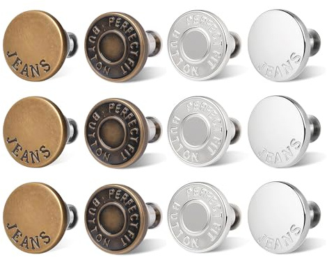 Botones para Jeans Sin Coser 17mm Ajustables, 12 Unidades, Botones Metálicos para Ajustar Cintura Vaqueros, DIY Reparación Rápida Sin Aguja Ni Hilo