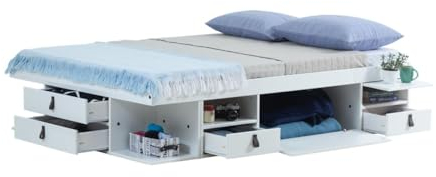 Funktionsbett Bali 150x200 Weiss - Massivholz Schrankbett mit viel Stauraum und Schubladen, ideal f. kleine Schlafzimmer - Bett mit Aufbewahrung inkl. Lattenrost - Praktisch, Robust und Stilvoll